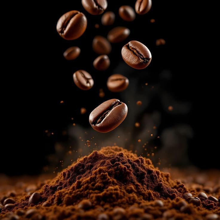 Granos de café, tierra y agua